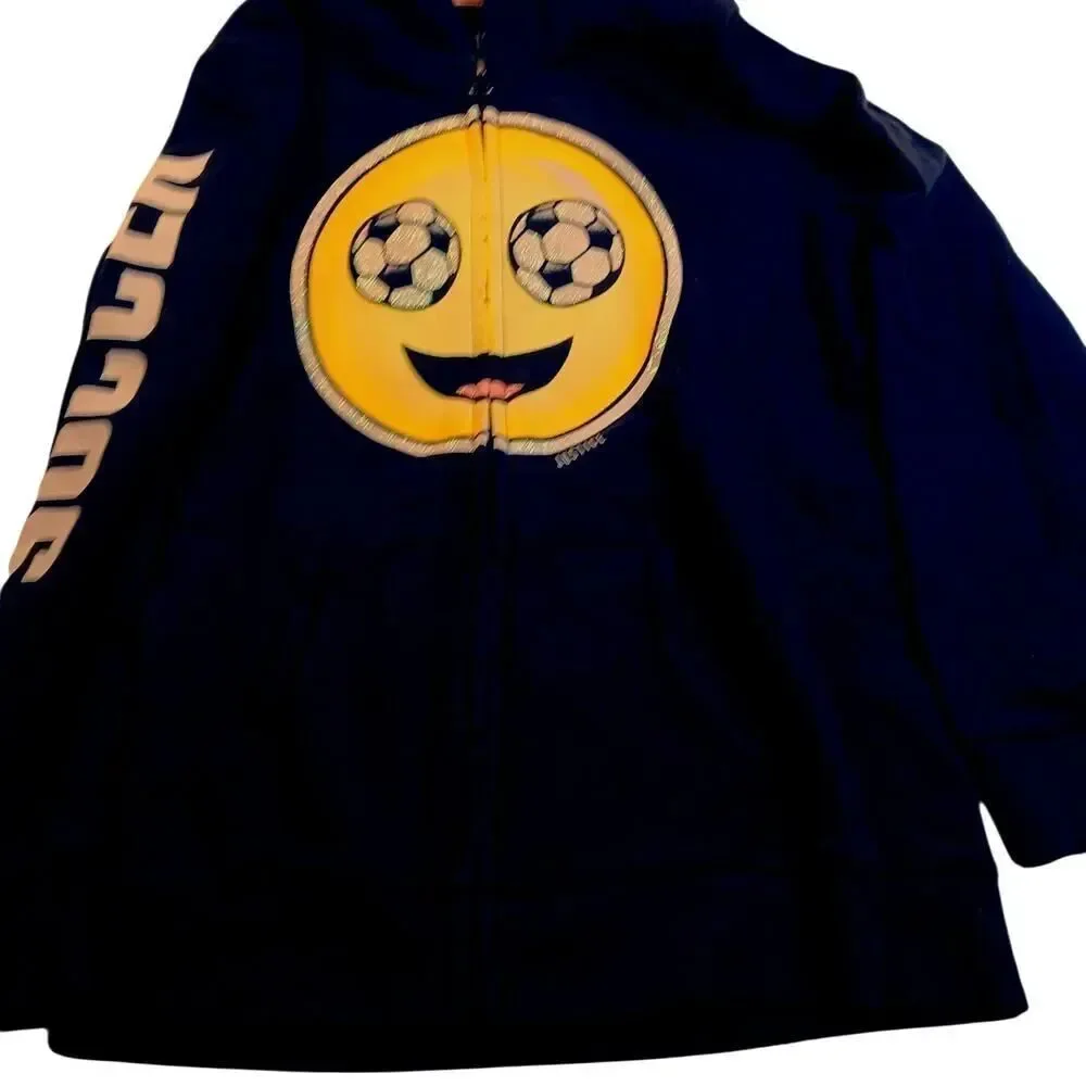 Justice Active Girls Black Soccer w/Large Soccer Emoji Zipper Hoodie - Size 8/10